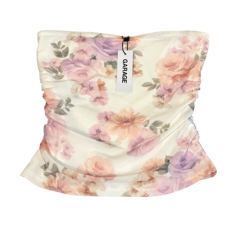 Garage Rosalie Ruched Tube Top Sz Medium Watercolor Floral Mesh White 100096911 - Picture 1 of 8